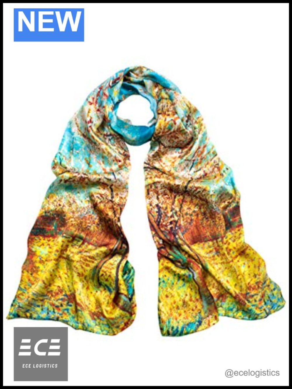 Luxury 100% Silk Scarf 20x67 Hand Rolled Van Gogh Wearable Art